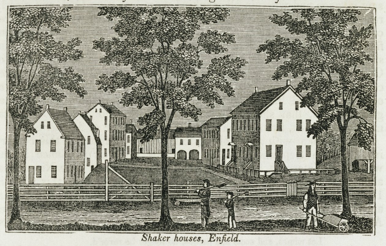 Shaker házak Enfieldben, a „Connecticut Historical Collections”-ből, John Warner Barber, 1856 alkotó: American School