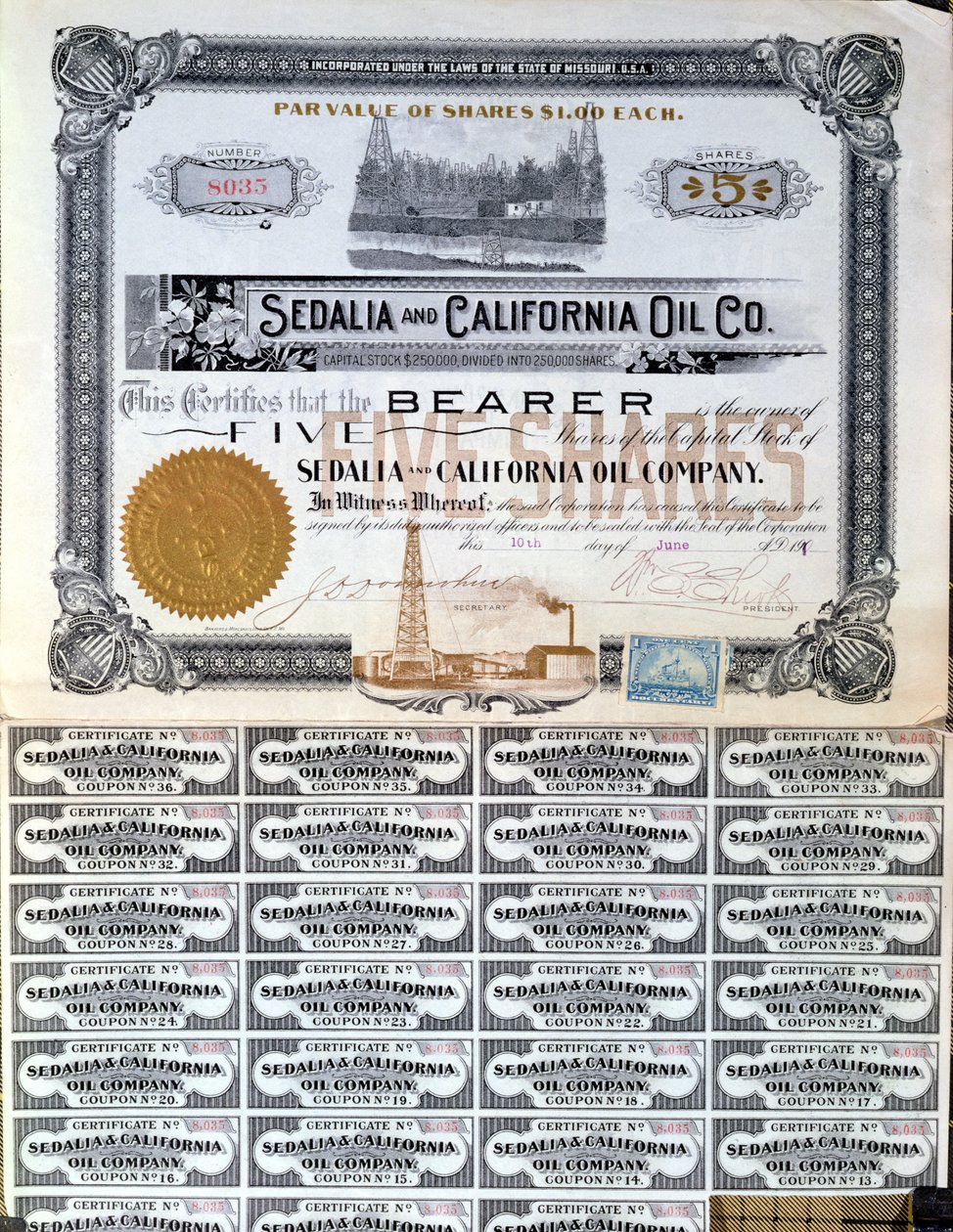 Részvényjegy a Sedalia és a Californian Oil Company számára, USA, 1901 alkotó: American School