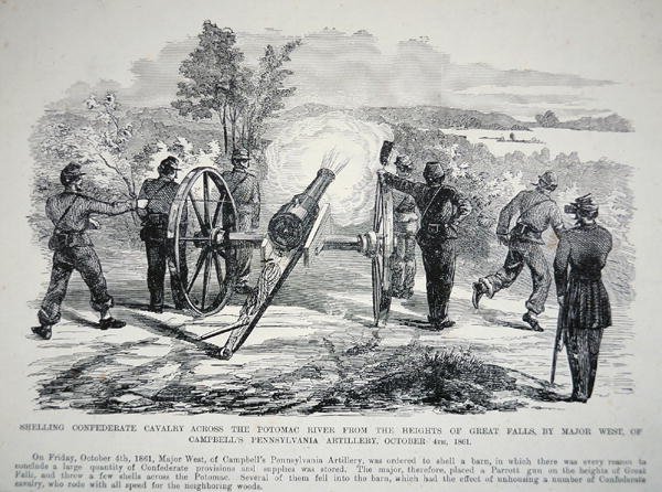 „A Konföderációs lovasság ágyúzása a Potomac folyón Great Falls magaslatairól...”, 1861. október 4. (litho) alkotó: American School