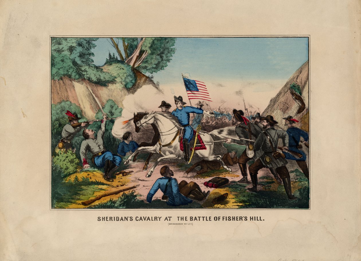 Sheridans lovassága a Fishers Hill csatában (Shenandoah Valley), kocsma. szerző: Currier & Ives, 1864 körül alkotó: American School