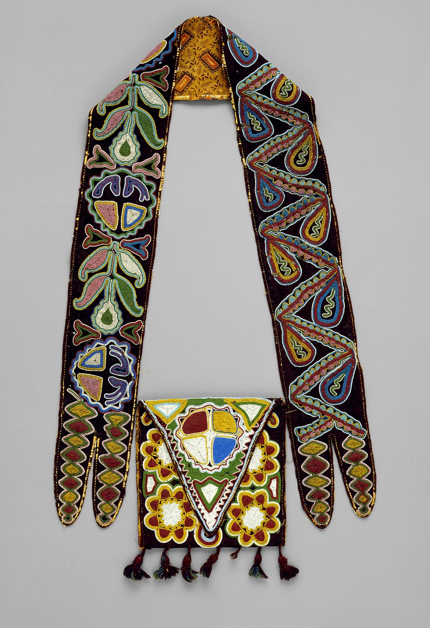 Válltáska, 1820 körül (gyapjú, selyem, fonal, üveggyöngyök és pamutszövet) alkotó: American School