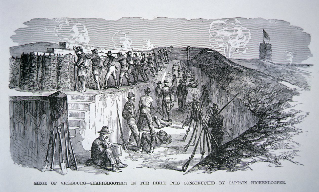 Vicksburg ostroma – Éleslövők a puskagödrökben, Hickenlooper tábornok által épített (metszet) alkotó: American School