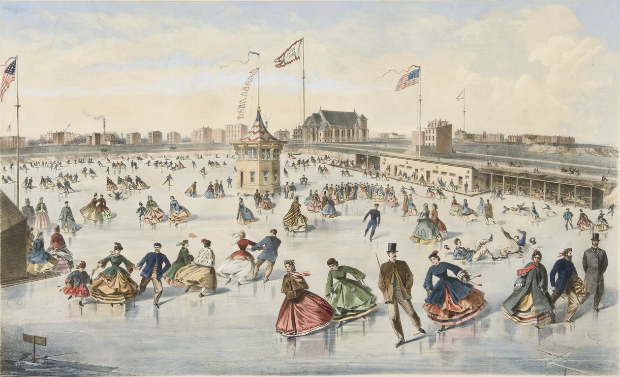 Korcsolyázás a Union Pond-on, kocsma. 1863 (színes litó) alkotó: American School