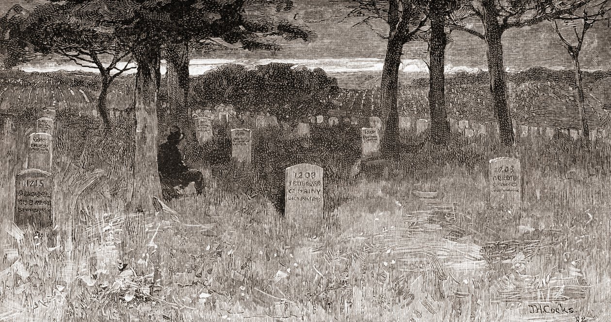 Katonasírok az Arlington Nemzeti Temetőben, Arlington megye, Virginia, a 19. században, a "The Century Illustrated Monthly Magazine" című, 1884-ben megjelent kiadványból (metszet). alkotó: American School
