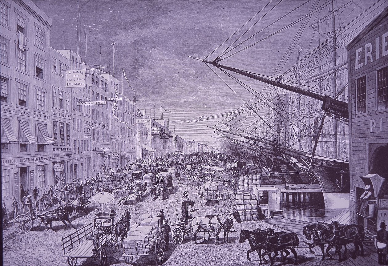 South Street Seaport az 1870-es években, New York City (metszet) alkotó: American School