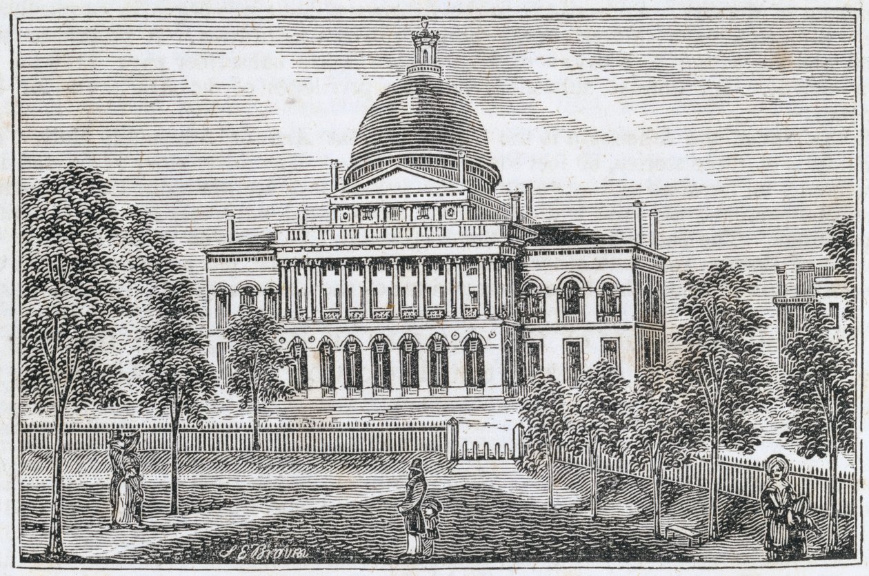 A bostoni State House déli képe a Beacon Streeten, a „Massachusetts Történelmi Gyűjteményéből”, John Warner Barber, metszett S. E. Brown, 1839 alkotó: American School