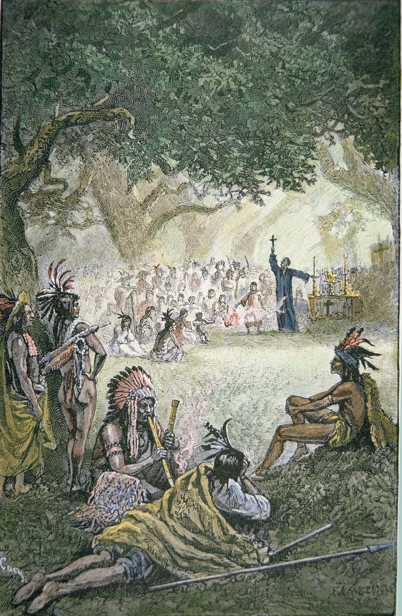 Spanyol jezsuita misszionáriusok, akik megtérítették az indiánokat Kaliforniában a 17. században (színes litho) alkotó: American School
