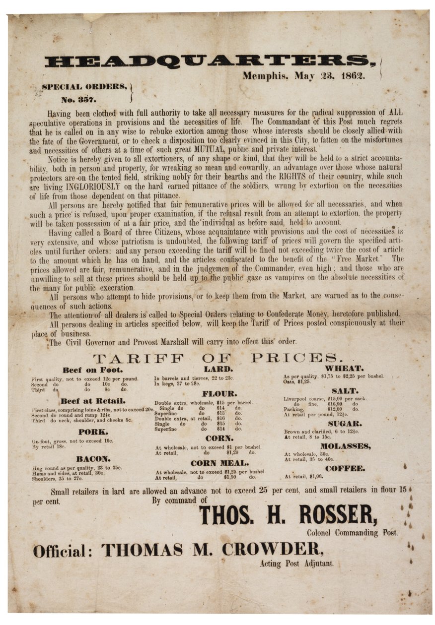 Különrendelet sz. 357 élelmiszerárak közzététele a spekuláció megelőzésére, 1862. május 23 alkotó: American School
