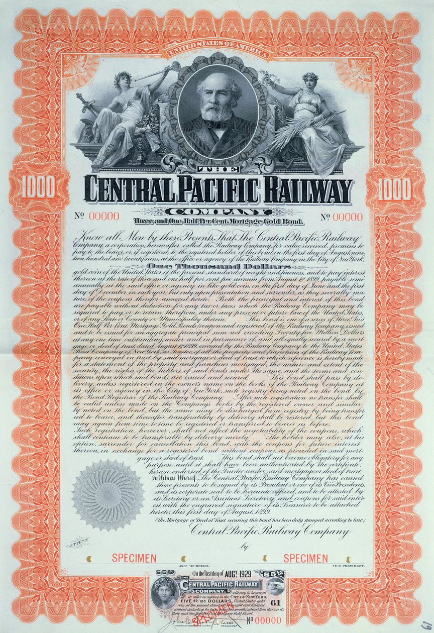1000 dolláros kötvénybizonyítvány minta a Central Pacific Railway Company társaság számára, 1899 alkotó: American School