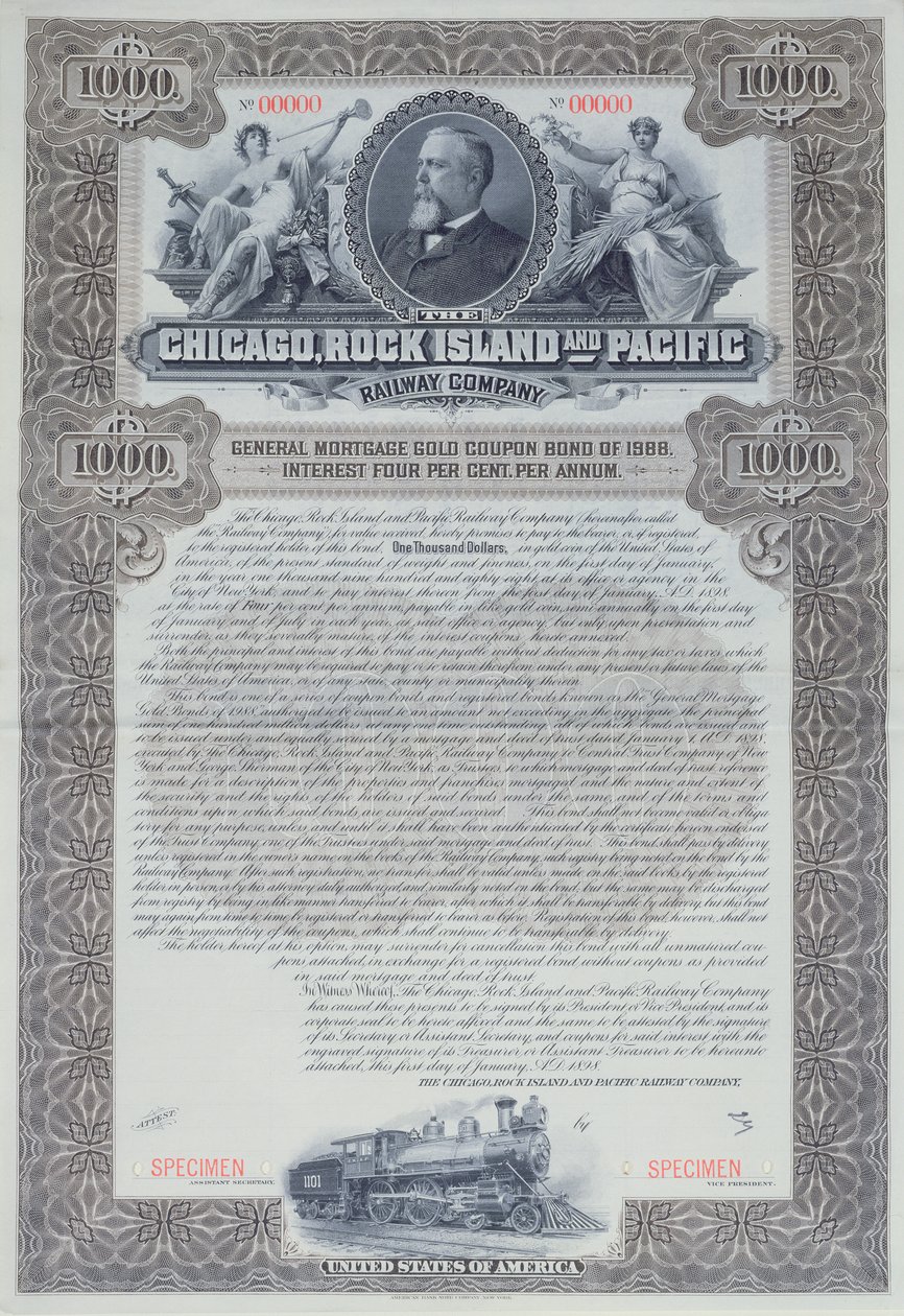 1000 dolláros kötvénybizonyítvány minta a Chicago, Rock Island and Pacific Railway Company számára, 1898 alkotó: American School