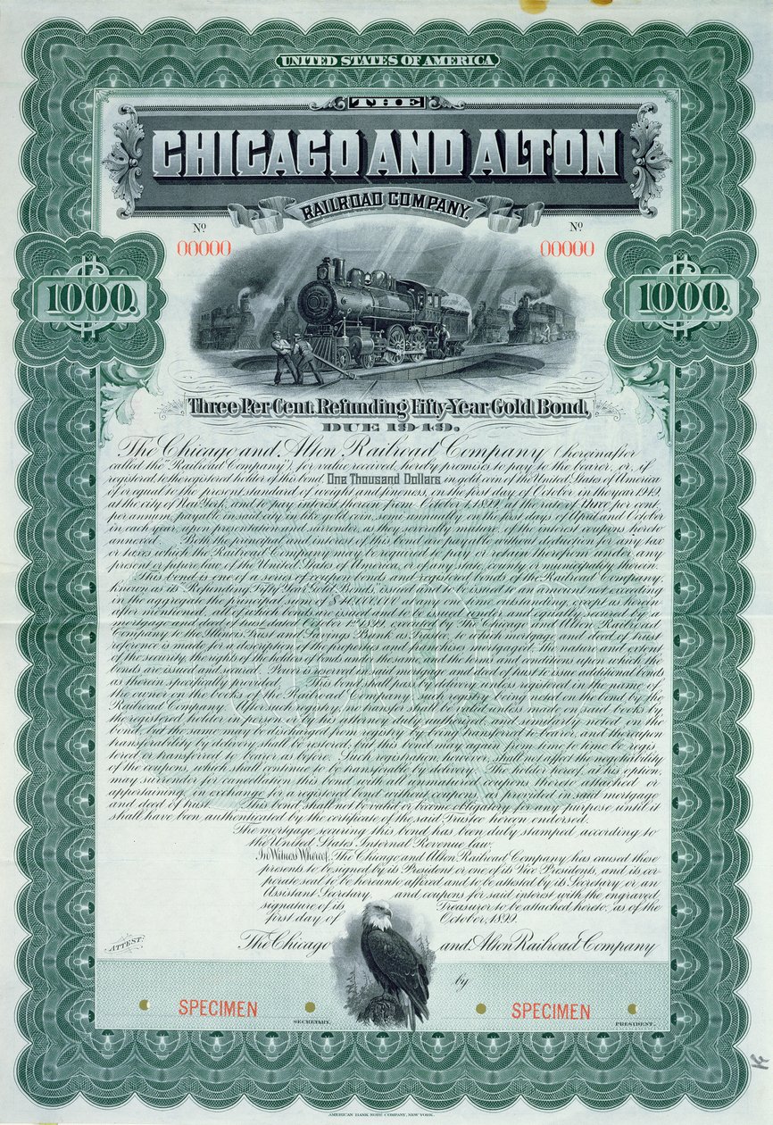1000 dolláros kötvénybizonyítvány minta a Chicago and Alton Railroad Company számára, 1899 alkotó: American School