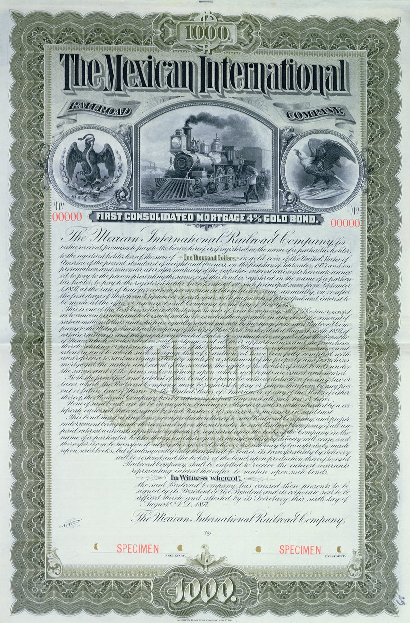 1000 dolláros kötvénybizonyítvány minta a Mexican International Railroad Company számára, 1897 alkotó: American School