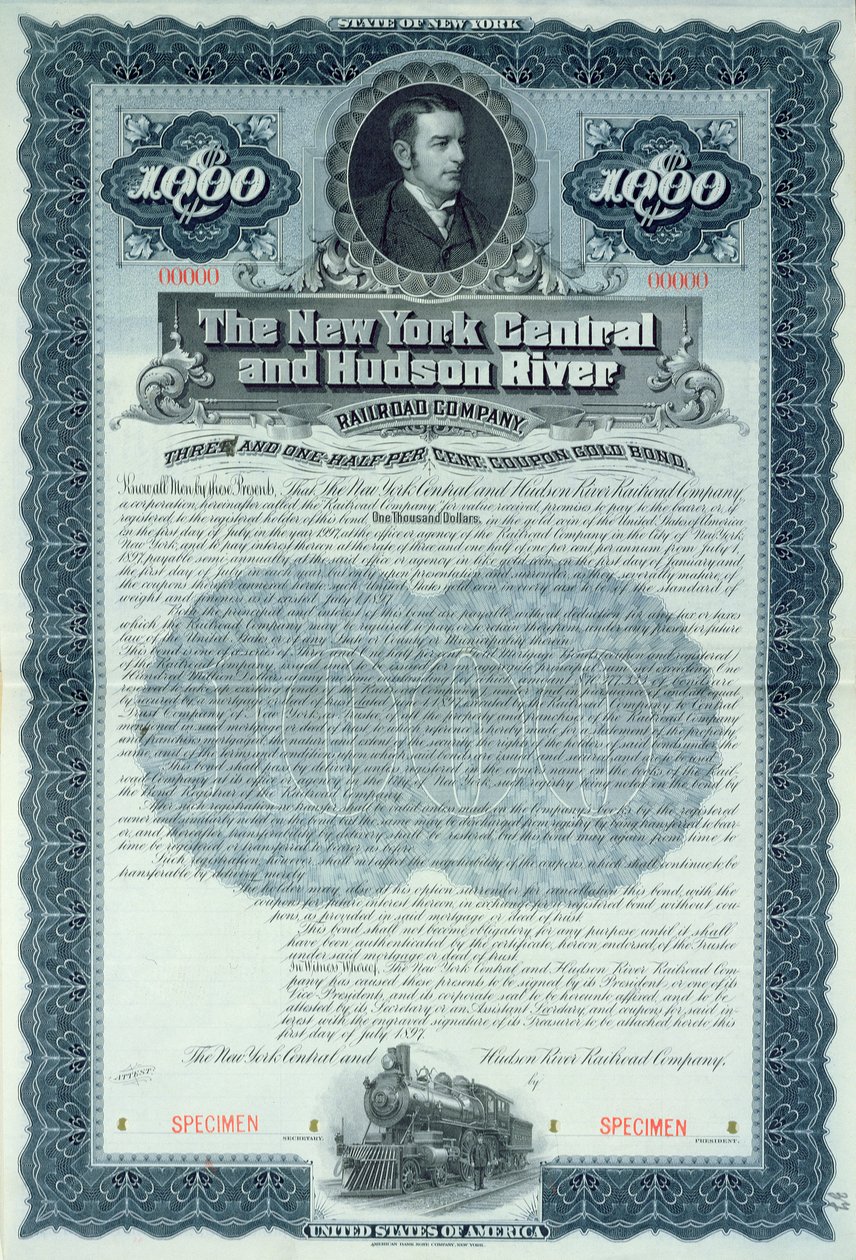 1000 dolláros kötvénybizonyítvány minta a New York Central and Hudson River Railroad Company számára, 1900 körül alkotó: American School