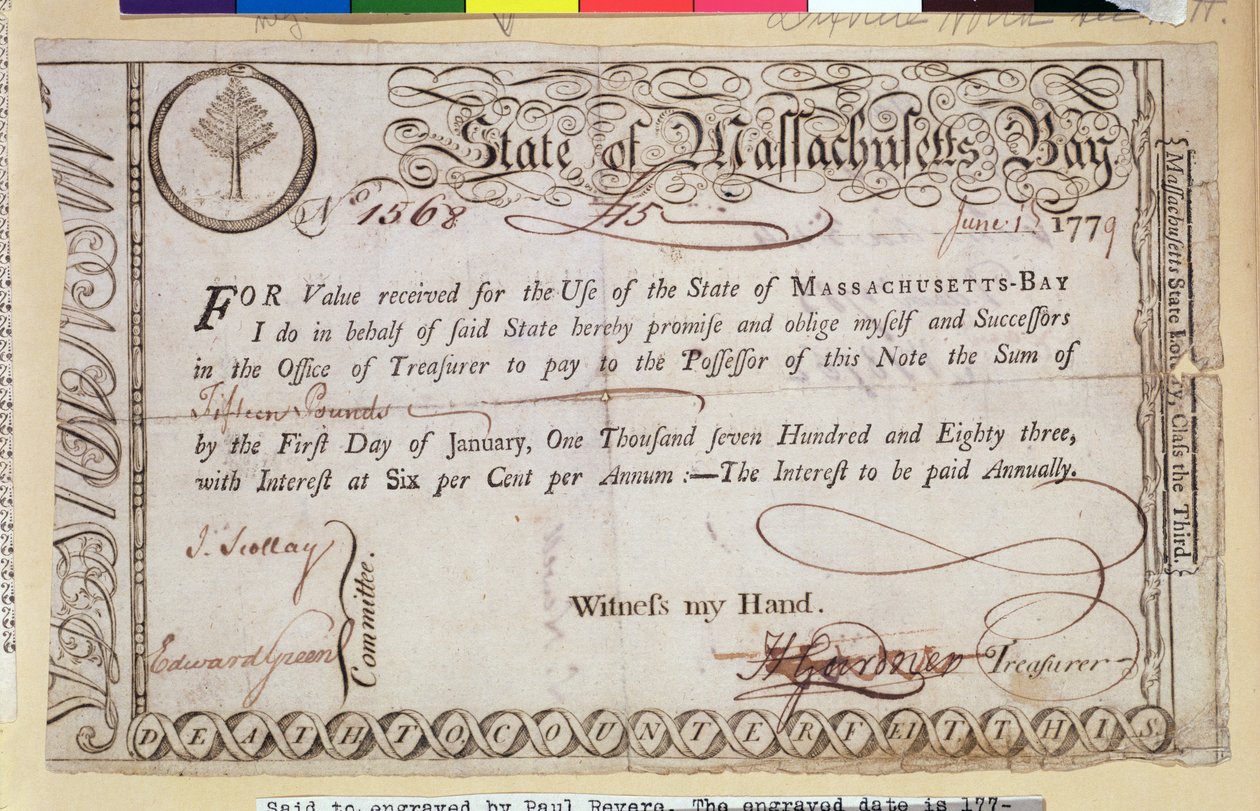 Massachusetts Bay állam váltó, állítólag Paul Revere (1735-1818) metszett 1779 alkotó: American School