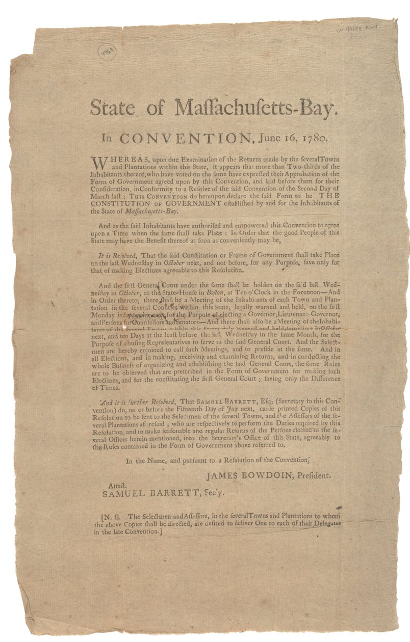 Massachusetts állam egyezménye, állam alkotmánya, 1780. június 16 alkotó: American School
