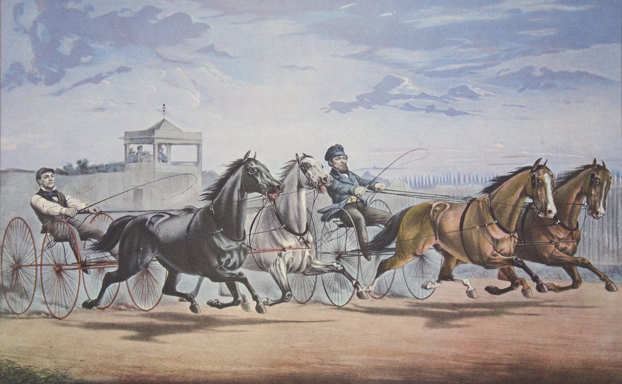 Stella és Alice Gray – Lámpás és bálnacsont, Passing the Stand (In their great match for in Double Harness over the Union Course L.I. 1855. június 5.), pub. 1855, Currier & Ives alkotó: American School