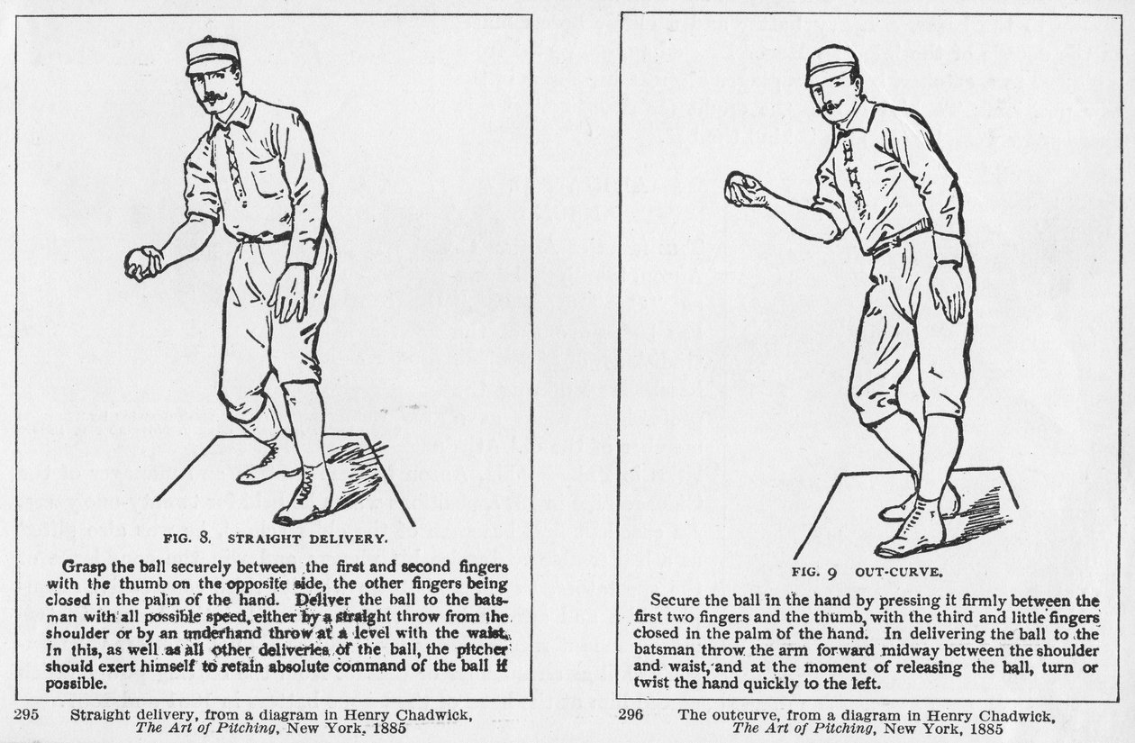 Egyenes szállítási és görbén kívüli diagramok Henry Chadwicktől: „A dobás művészete” alkotó: American School