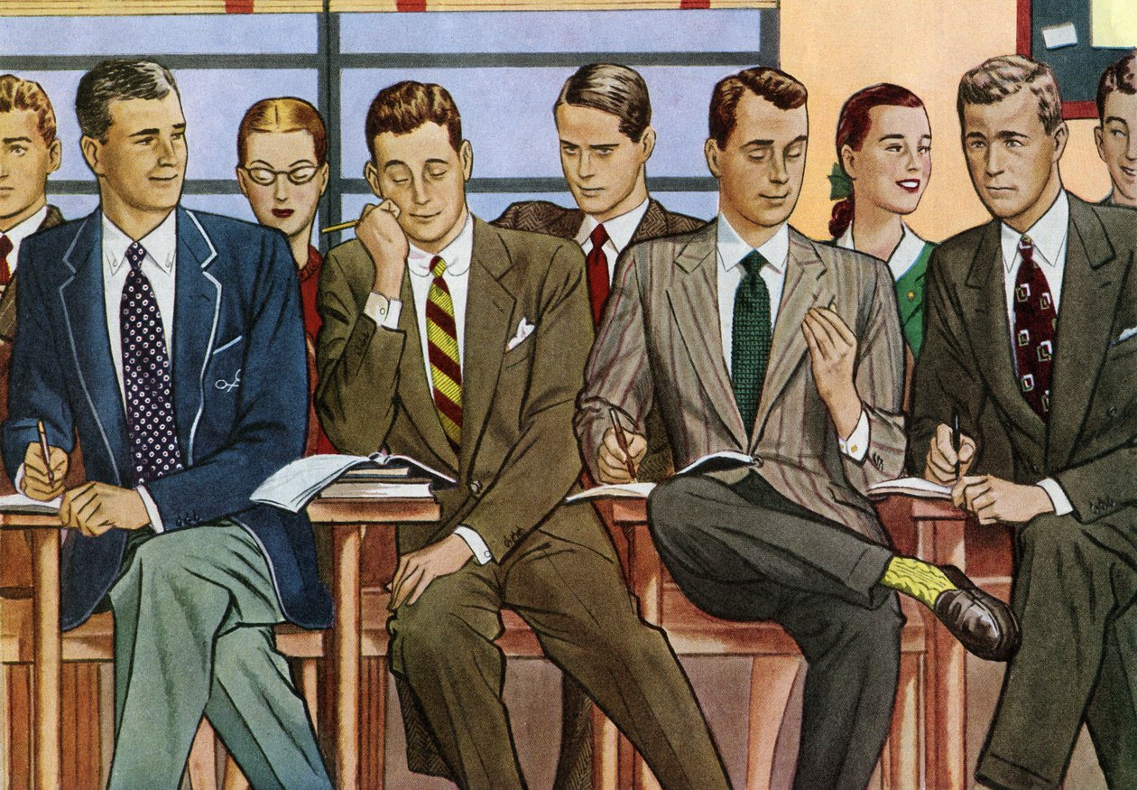 Diákok az asztaloknál ülnek egy 1940-es évekbeli főiskolai tanteremben alkotó: American School