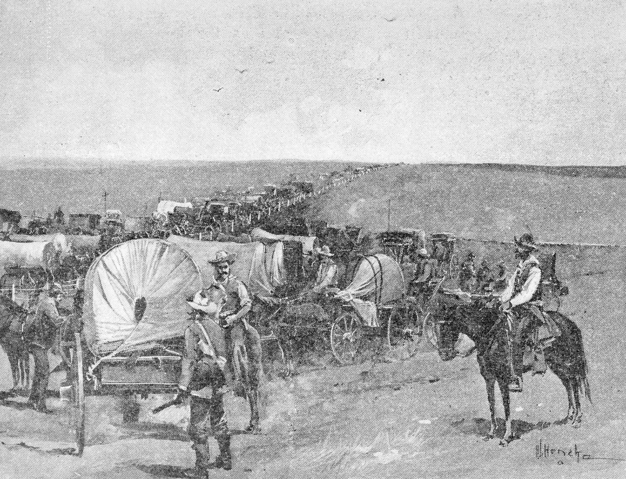 Tíz perccel a nagy rohanás előtt, az indiai iskolarezervátum déli vonalán, Arkansas City közelében, 1893. szeptember 16. (metszet) (bw fotó) alkotó: American School