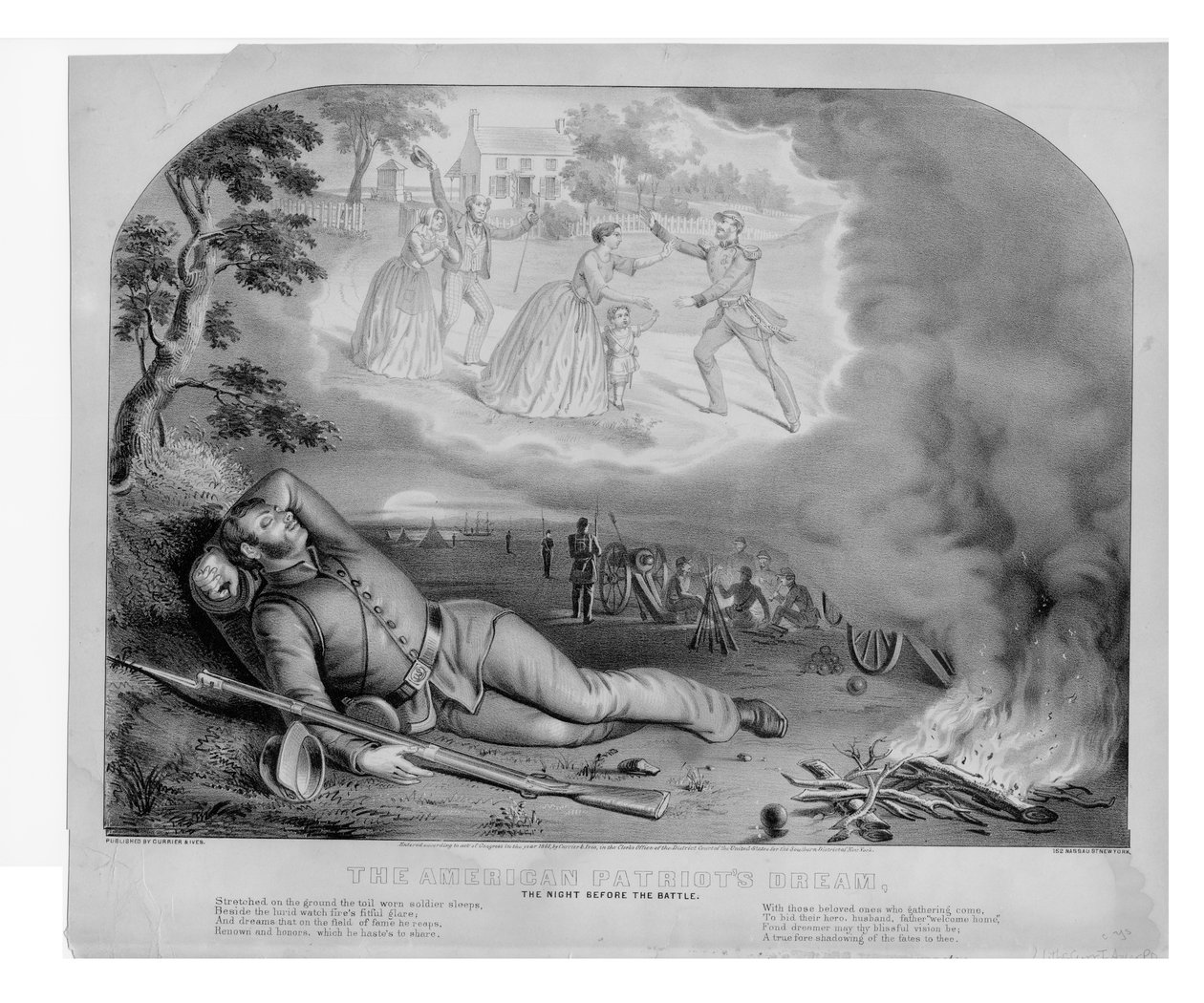Az amerikai hazafiak álmodoznak a csata előtti éjszakán, kocsmában. Currier & Ives, 1861 alkotó: American School