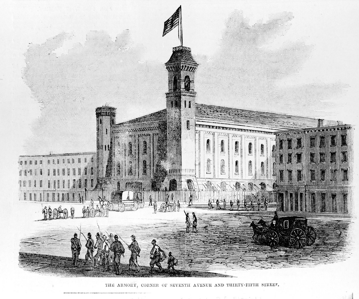 A fegyvertár, a Seventh Avenue és a Thirty-Fifth Street sarka, jelenet a New York-i Draft Riotsból, 1863 alkotó: American School