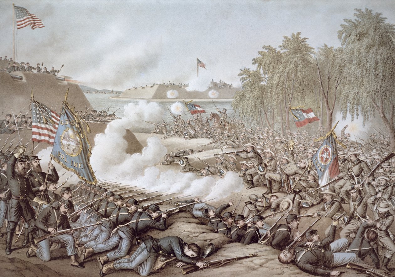 A korinthoszi csata, 1862. október 3-4., Észak és Dél zászlóival, Kurz & Allison (színes litó) alkotó: American School