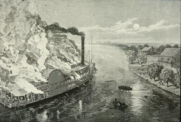 A „Robert E. Lee” égése a Mississippi-parton, Vicksburg közelében alkotó: American School