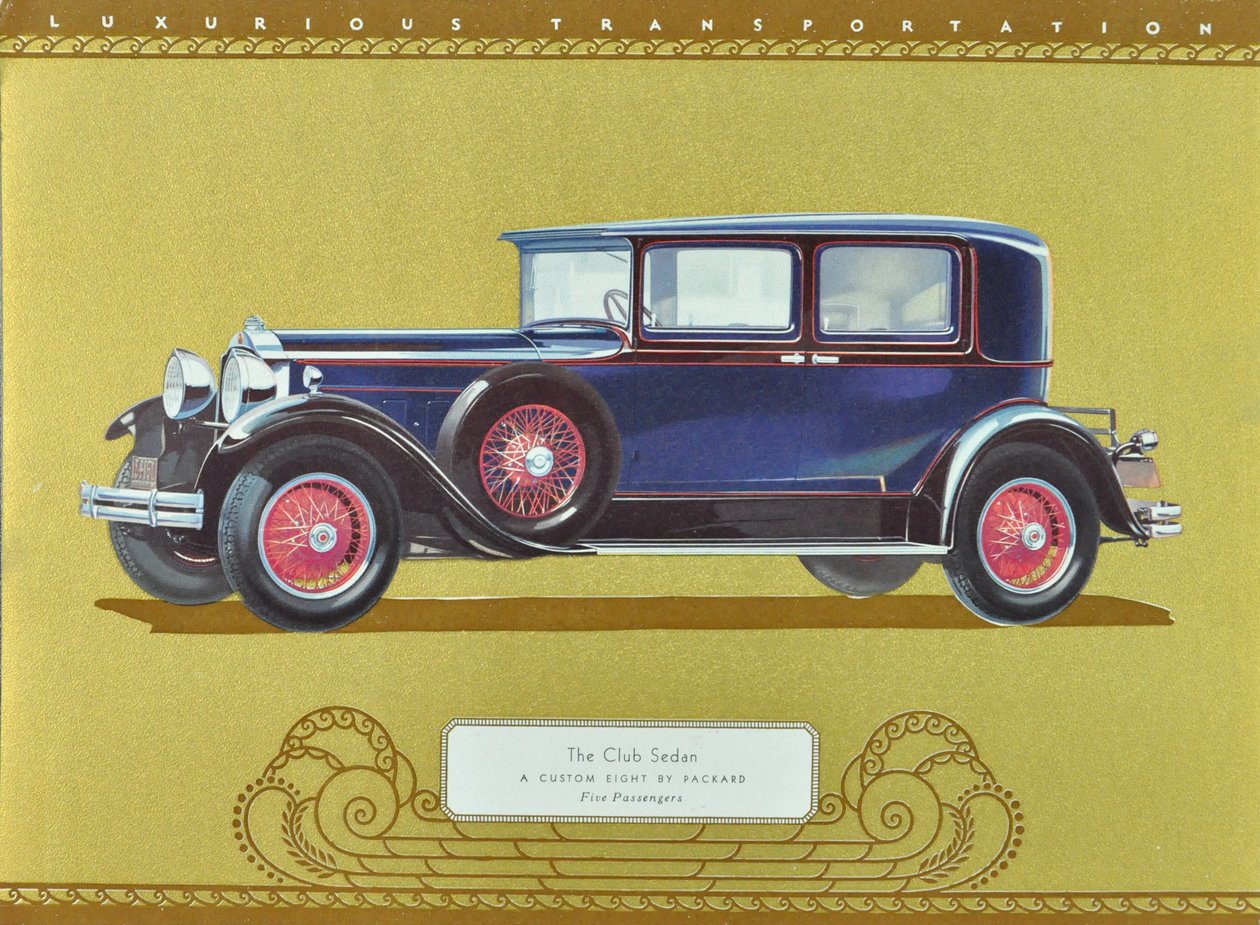 The Club Sedan, A Custom Eight by Packard, pub.1930 (színes litográfia) alkotó: American School