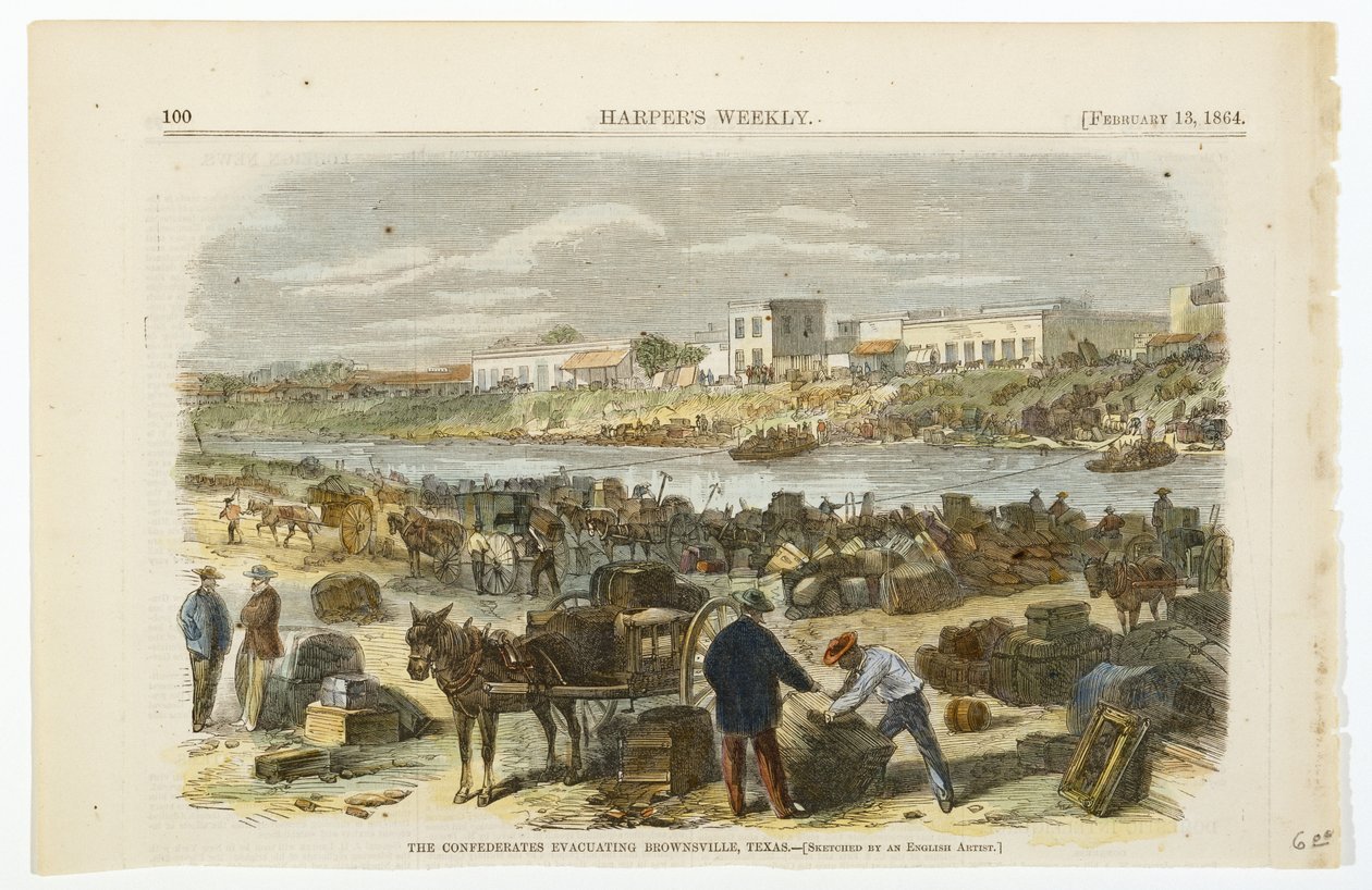 A Konföderáció kiüríti Brownsville-t, Texas, kb. 1864 (kézzel színezett litográfia szőtt, rostpéppapíron) alkotó: American School