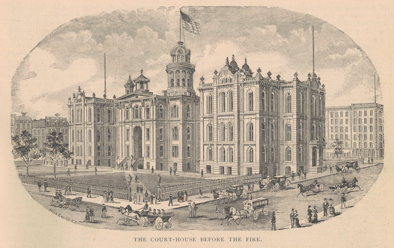 The Court-House before the Fire, nyomta a Moss Engraving Co., New York, illusztráció a History of Chicago kötetből. 2, Alfred Theodore Andreas, 1885-ben alkotó: American School