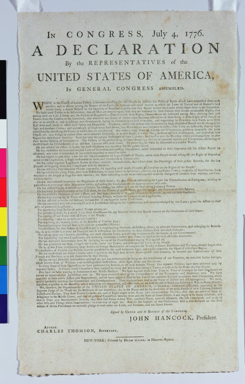 A Függetlenségi Nyilatkozat, nyomtatta Hugh Gaine, 1776 (nyomtatott tinta papírra) alkotó: American School