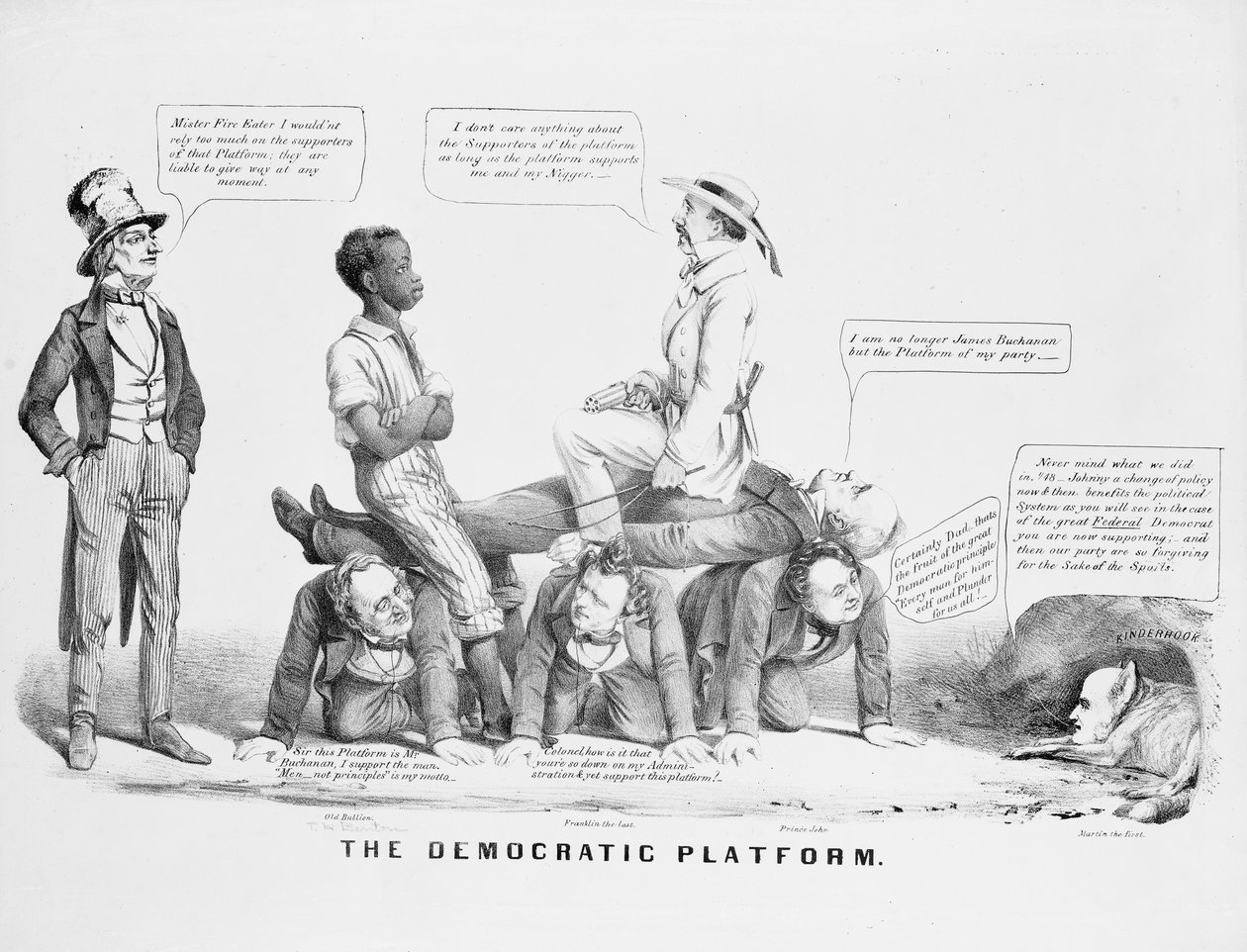 "A Demokratikus Platform" politikai karikatúra, amely kommentálja a Demokrata Párt rabszolgasággal kapcsolatos álláspontját, 1856 körül alkotó: American School