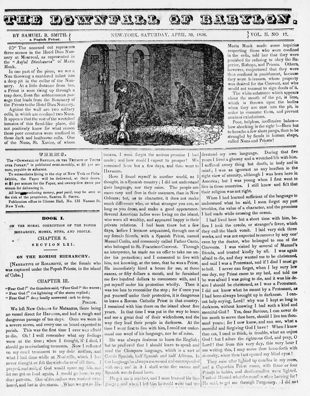 Babilon bukása, illusztráció egy katolikusellenes füzetből, amely egy apácát ábrázol, amint egy meggyilkolt csecsemőt dob a gödörbe, 1836 (újságpapír) alkotó: American School