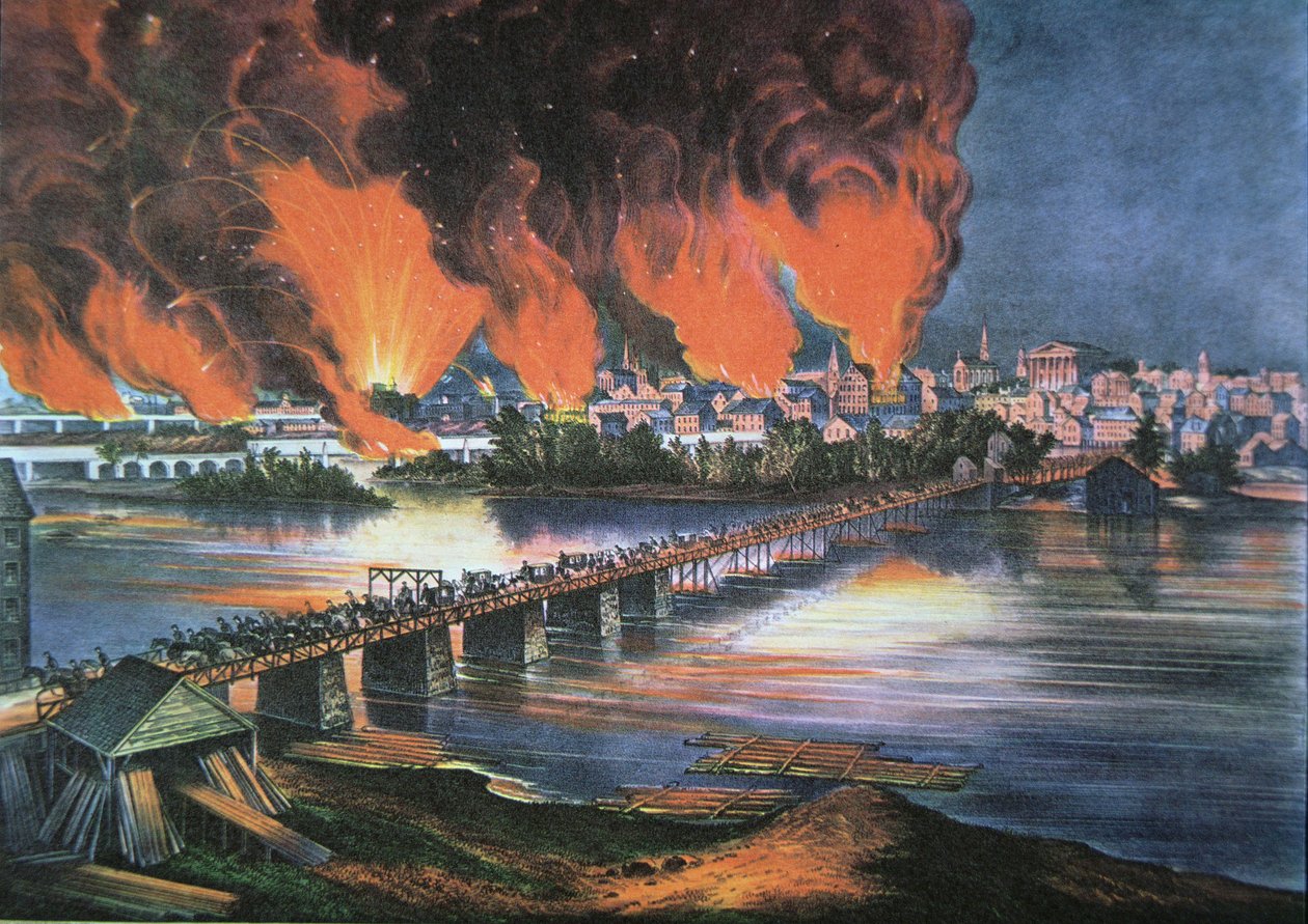 Richmond bukása, Virginia, 1865. április 2-án éjjel (színes litho) alkotó: American School
