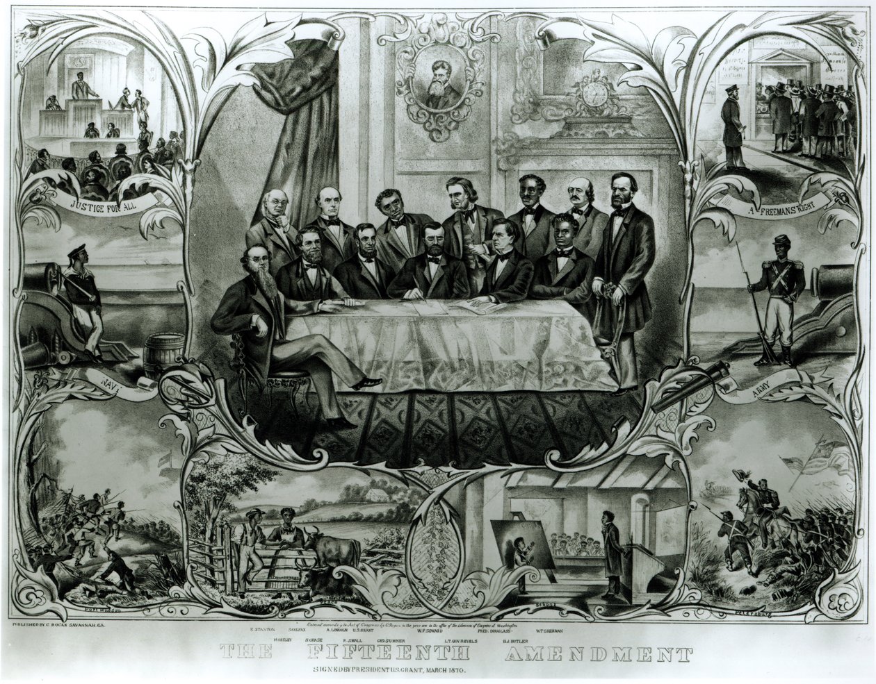 A tizenötödik módosítás, amelyet Ulysses S. Grant elnök írt alá (1822-85), 1870. március (litho) (fekete-fehér fotó) alkotó: American School