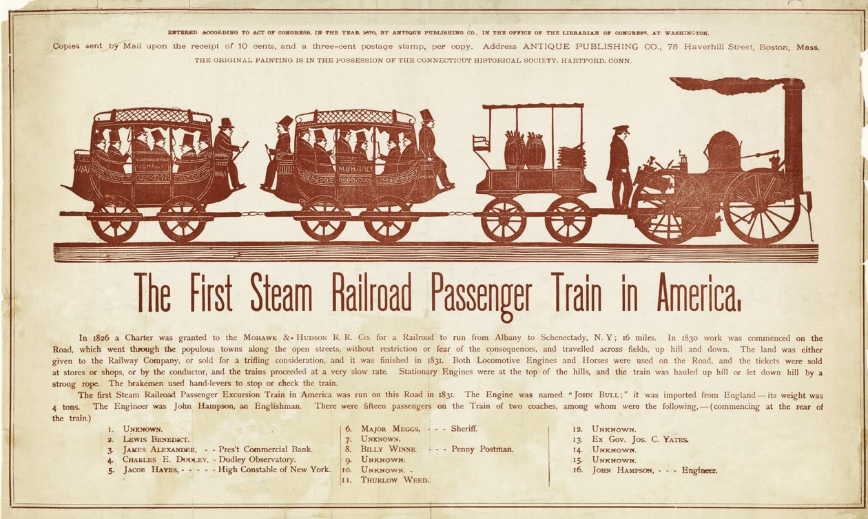 The First Steam Railroad Passenger Train in America, kiadva 1870 körül (színes fametszet) alkotó: American School