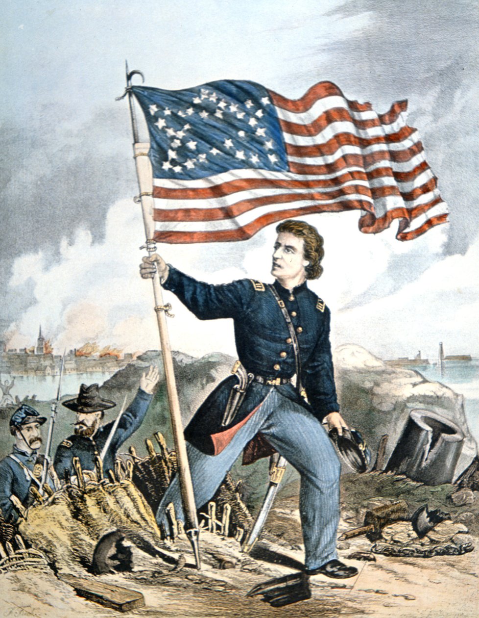 "The Flag Again, Waves Over Sumter", metszett Kimmel & Forster (színes litó) alkotó: American School