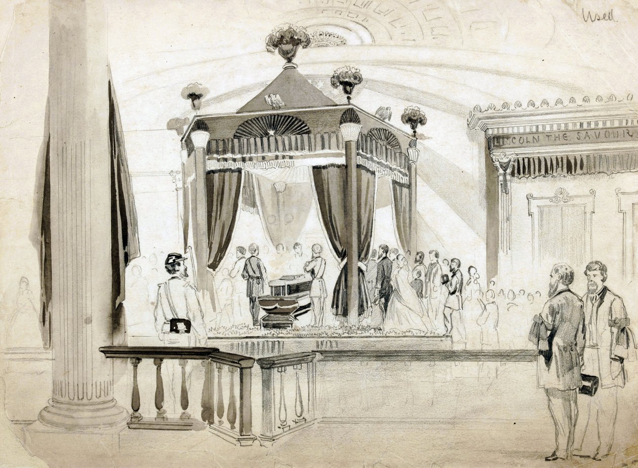 The Funeral Catafalque at Springfield, Illinois, illusztráció a Frank Leslies Illustrated Newspaper számára, 1865 (ceruza, tinta és mosás papíron) alkotó: American School