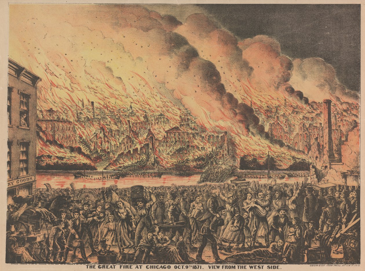 A nagy tűzvész Chicagóban, október 9., kilátás a nyugati oldalról, 1871 alkotó: American School