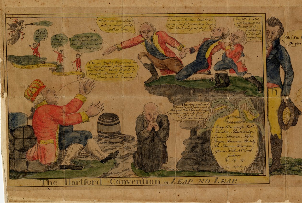 A Hartfordi Egyezmény, vagy, Leap no Leap, 1815 (kézzel színezett metszet) alkotó: American School