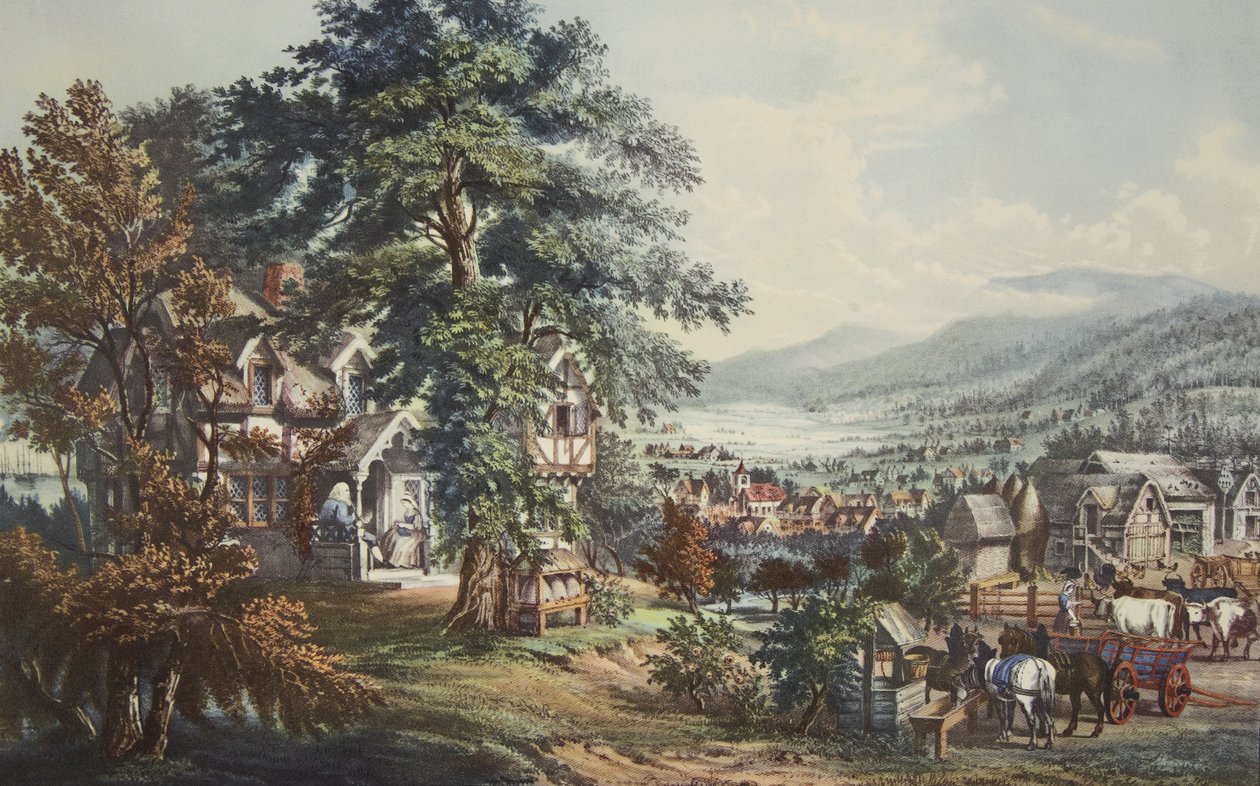 Evangeline otthona, In the Acadian Land, pub. 1864, Currier & Ives alkotó: American School