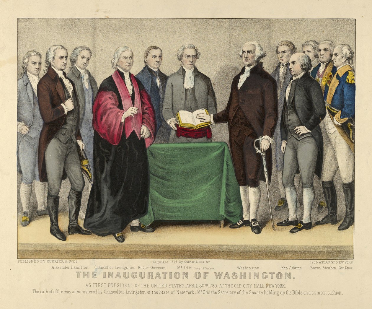 Washington beiktatása az Egyesült Államok első elnökévé, 1789. április 30., a régi városházán, New Yorkban, pub.1876 (színes litó) alkotó: American School