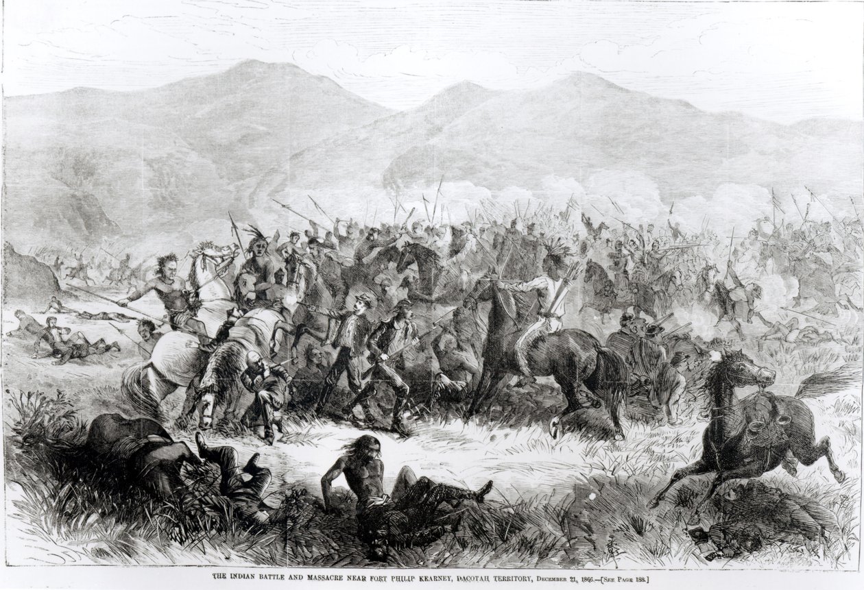Az indiai csata és mészárlás Fort Philip Kearney közelében, Dakotah területén, 1866. december 21. alkotó: American School