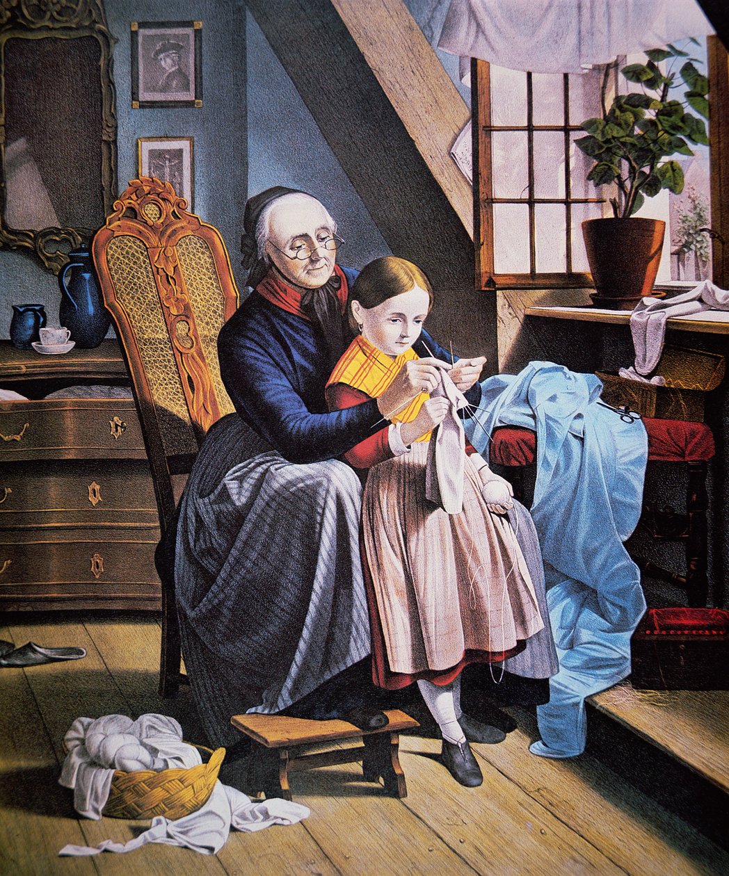The Knitting Lesson, kiadó: Currier & Ives alkotó: American School