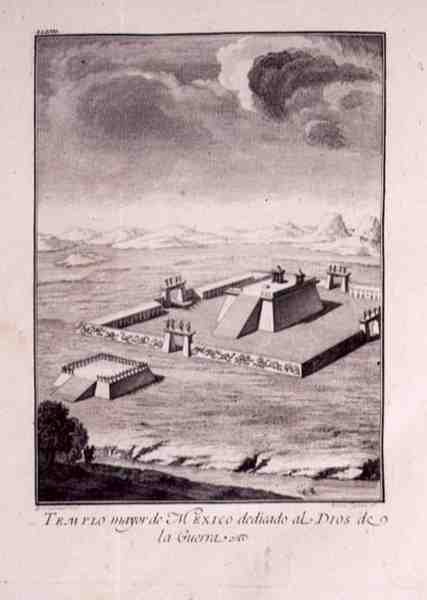Mexikó főtemploma, amelyet a háború isteneinek szenteltek, Antonio de Solis y Rivadeneira Solis „Mexikó hódításának története” 1783-84 című művéből (vésett lemez) alkotó: American School