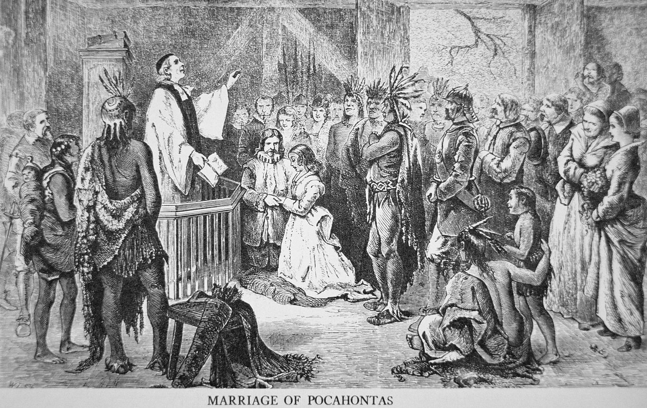 Pocahontas házassága (1595-1617 körül) 1614 (metszet) alkotó: American School