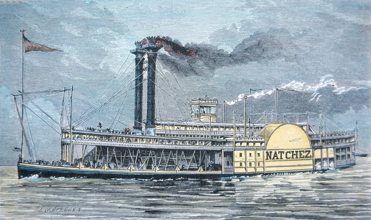 A Mississippi oldalkerekes „Natchez”, 1870 körül (színes metszet) alkotó: American School