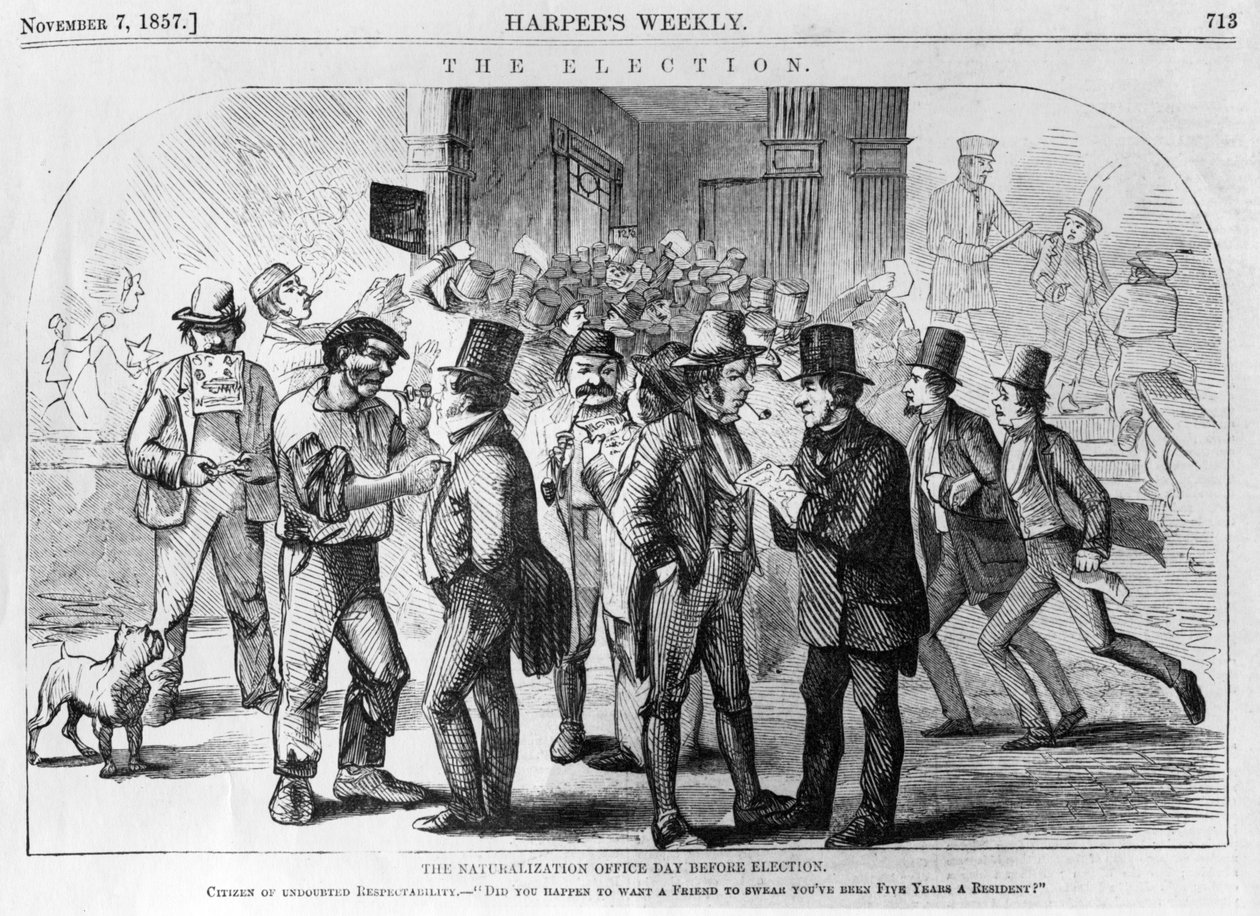 The Naturalization Office Day Before Election, megjelent a Harpers Weekly-ben, 1857. november 7-én alkotó: American School