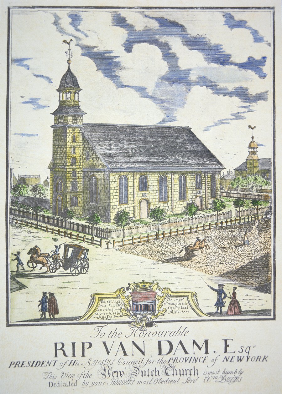 Az Új Holland Református Templom, a Nassau és a Liberty utca sarkán, New Yorkban épült 1731-ben (színes metszet) alkotó: American School