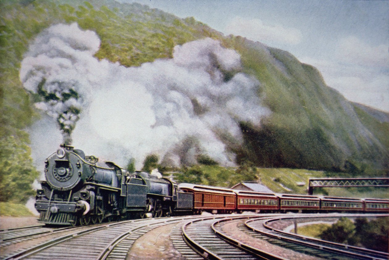 A New York-i Chicago Expressz a Horse-Shoe Curve-nél, Alleghany, 1930 körül (színes litho) alkotó: American School